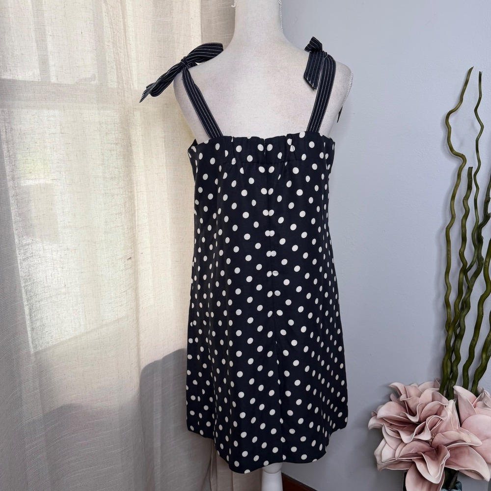 NWT J.Crew Polka Dot Dress Tie Shoulder Silk Linen Blend Navy Women's Size 8 - Picture 2 of 9